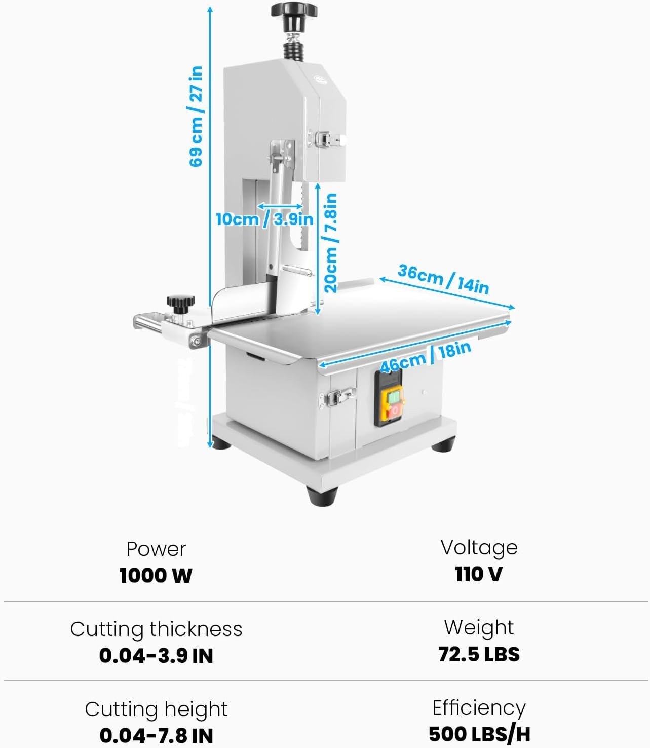 1000/1500W Electric Meat Bone Bandsaw Machine w/8 Blades Frozen Cutter for Beef