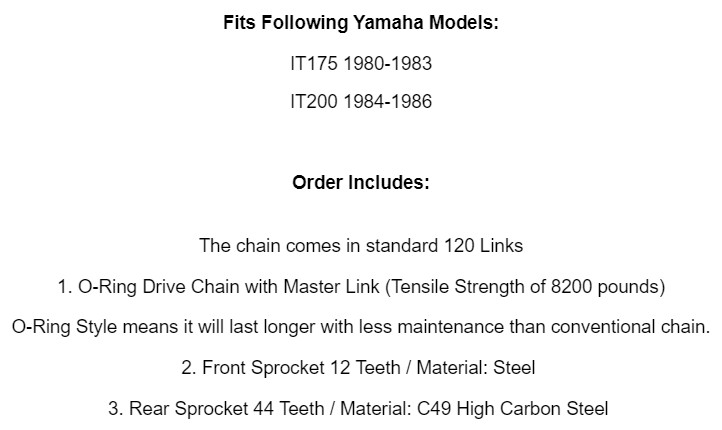 Black O-Ring Drive Chain & Sprockets Kit for Yamaha It175 1980-83 / It200 84-86