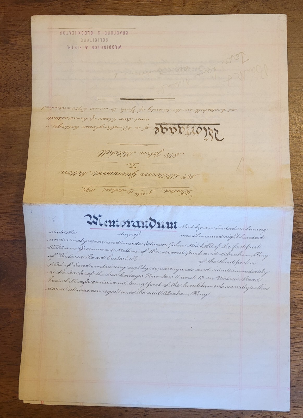 1895 Vellum Indenture. W. G. Mitton To J. Mitchell Re: Town St, Eccleshill & ...