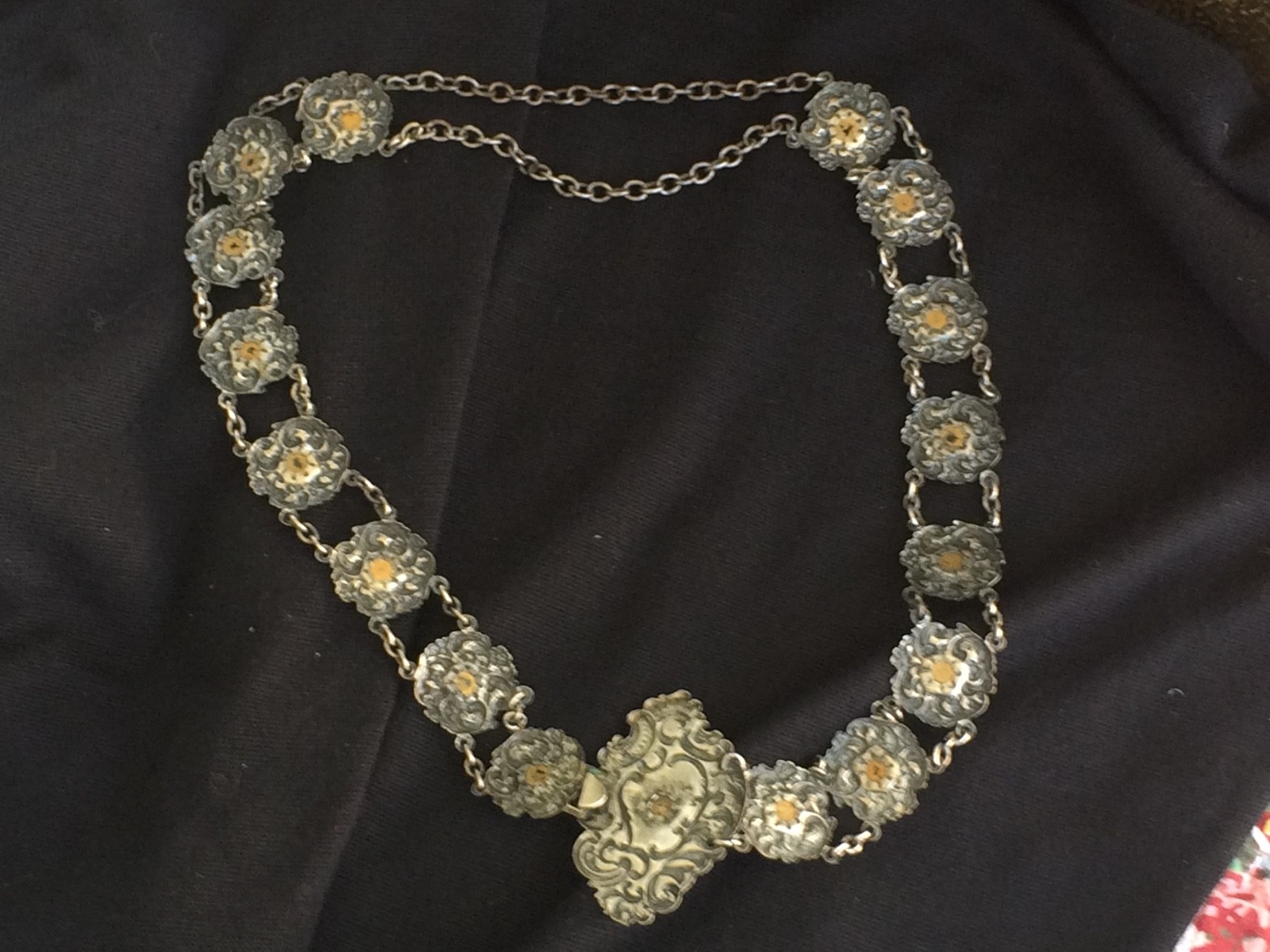 Antique Art Nouveau Victorian Belt SilverPlate Embossed Emerald Glass Stones 30"