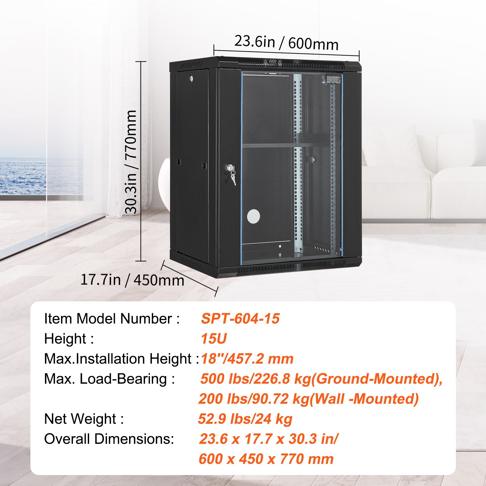 15U Wall Mount Network Server Rack Cabinet Enclosure 18'' Glass Door Lock