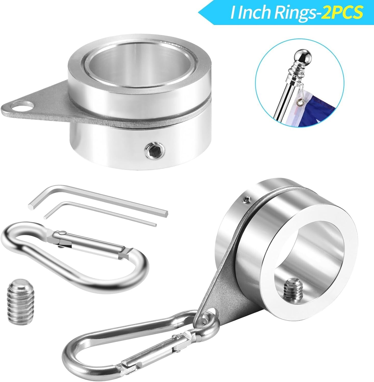 Pack of 2 Aluminum Alloy Flag Pole Rings 360 Degree Rotating Flag Mounting 1"