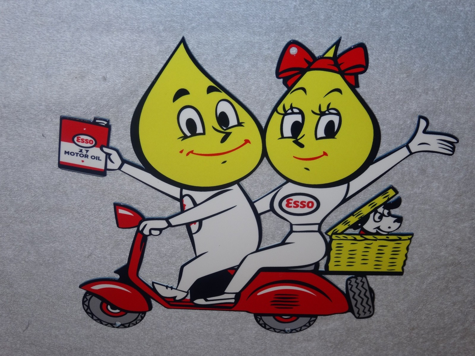 VINTAGE ESSO OIL DROP BOY & GIRL ON VESPA SCOOTER W/ DOG 12" METAL GASOLINE SIGN