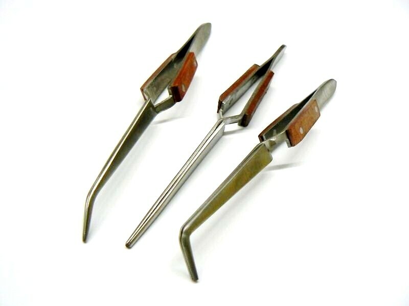 Fiber Grip Cross Lock Tweezers Self Closing 6" Set - Curved + 90° + Straight Tip