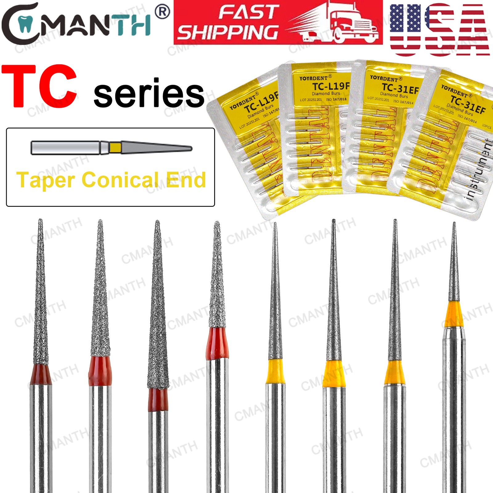 20PCS Dental Diamond Burs TC Taper Conical FG High Speed Bur Extra Fine Grit 859