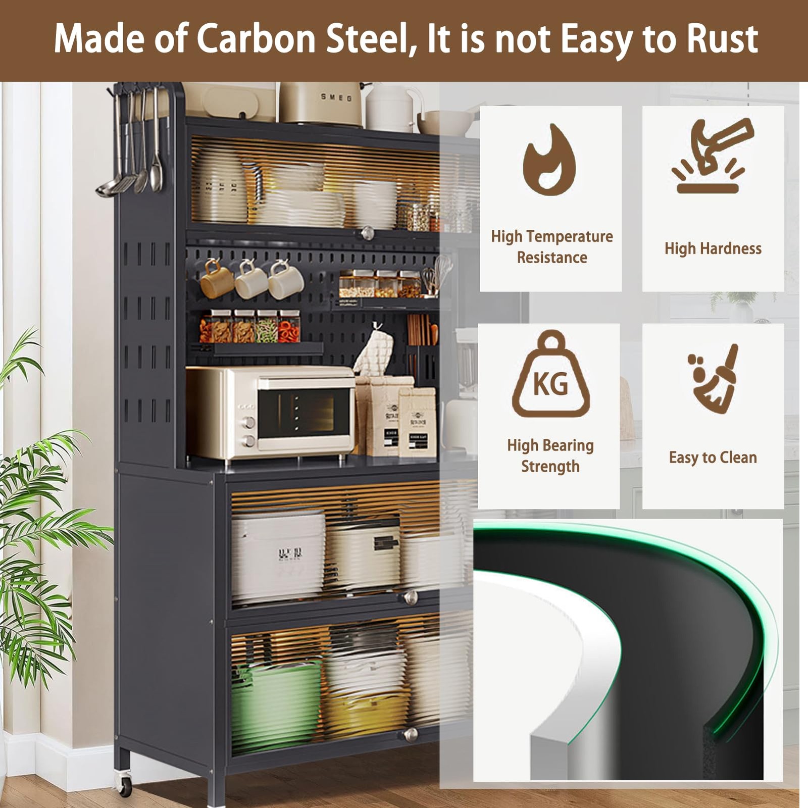 63" 5 Tier Bakers Rack Kitchen Cabinet with Clear Doors Adjustable Shelves