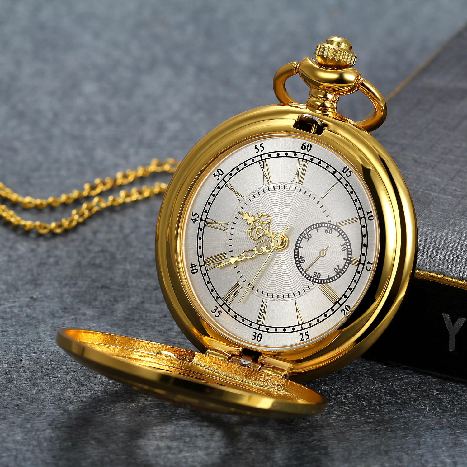 Antique Gold Tone Floral Patterned Quartz Pocket Watch Necklace Sweater Chain