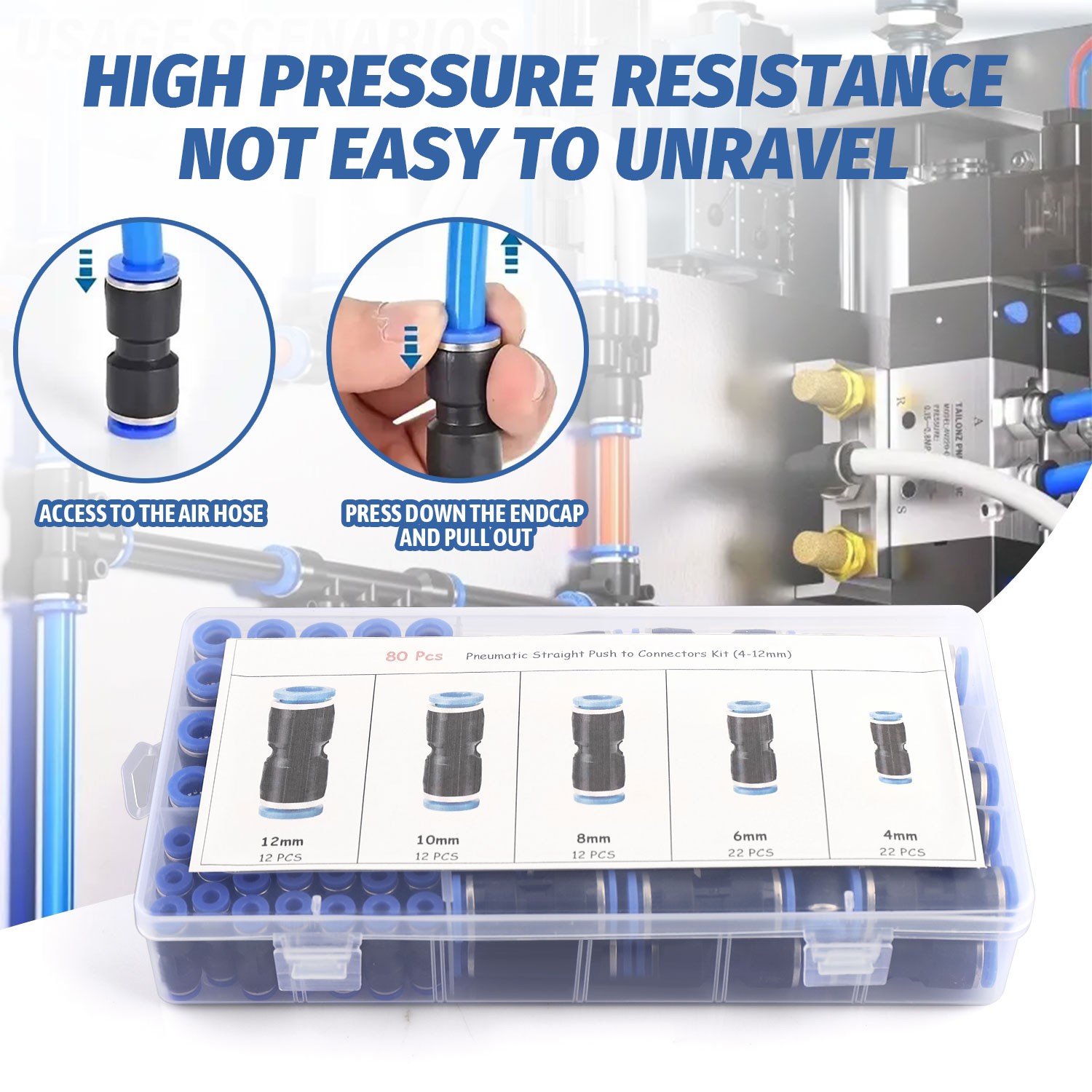 80Pcs Quick Connect Air Hose Fittings, 5 Sizes Air Line Push to Connect Fit...