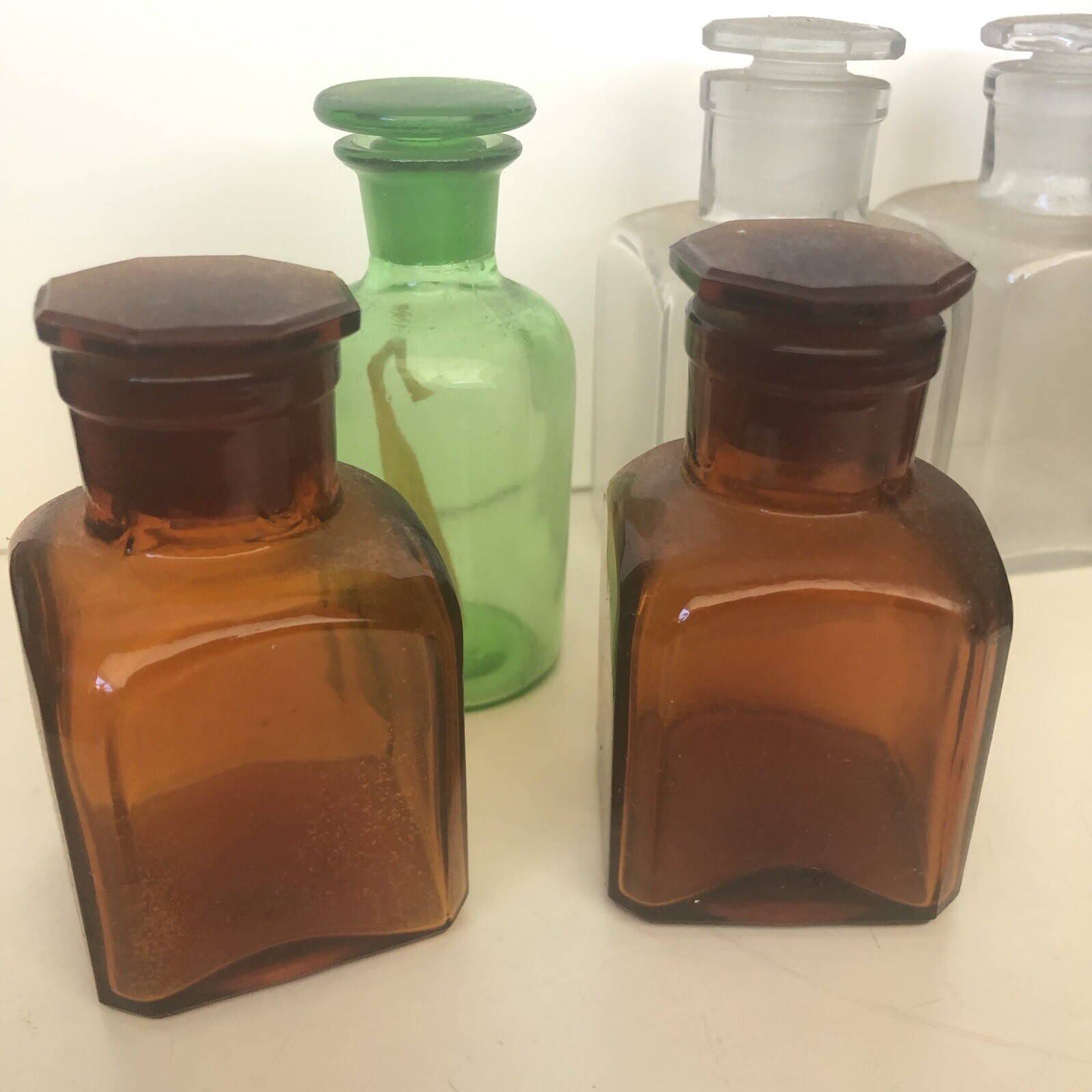 Eight Vintage Glass Reagent Science Chemistry Bottles Laboratory Wide Neck