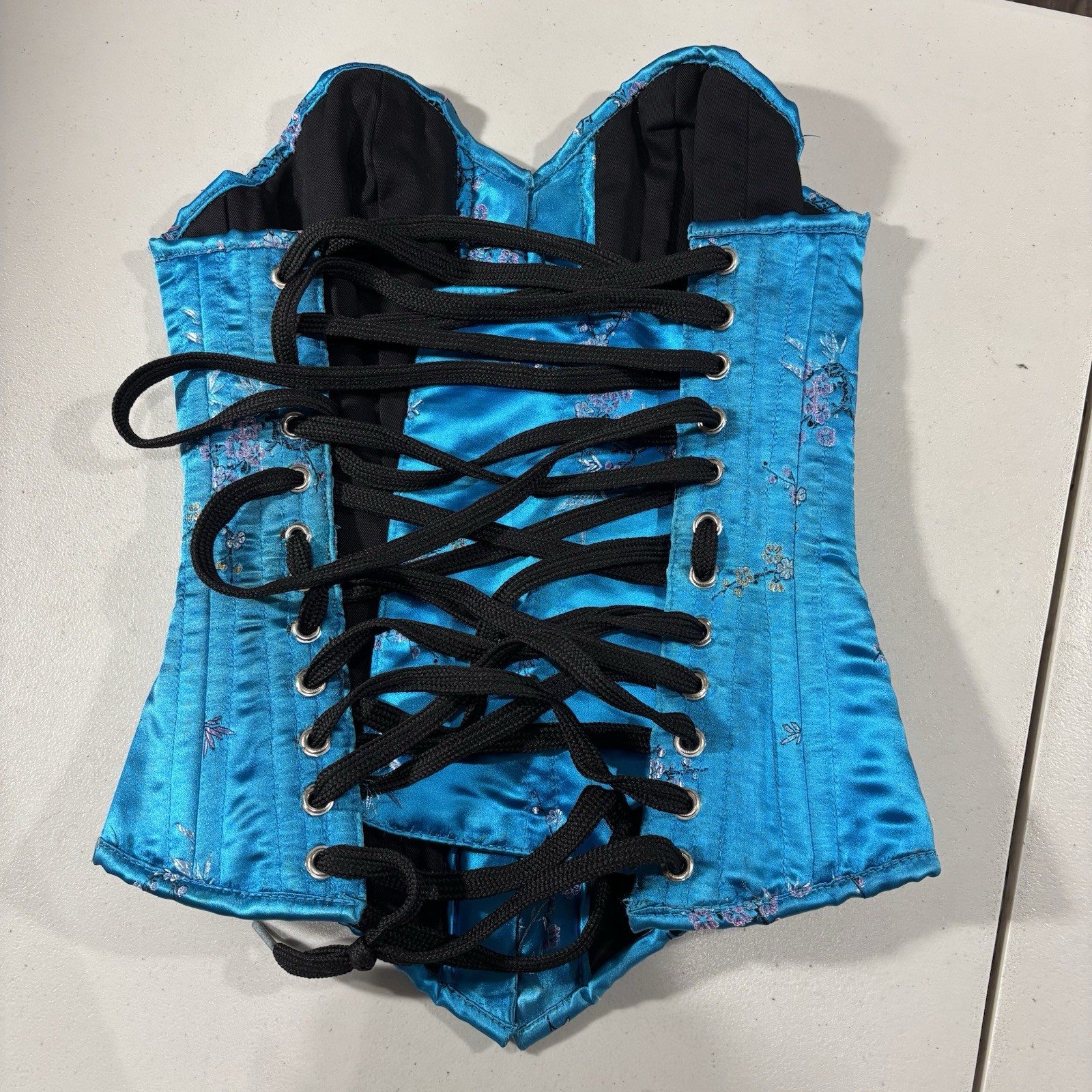 HourGlass Corsetry Corset Women's Small Satin Floral Aqua Blue Sexy Lingerie