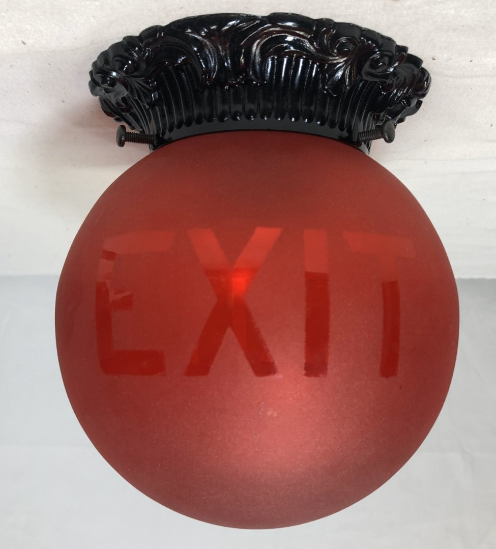 Antique Exit Glass Globe Vtg Wall Sconce Light Fixture Frosted Art USA #L31