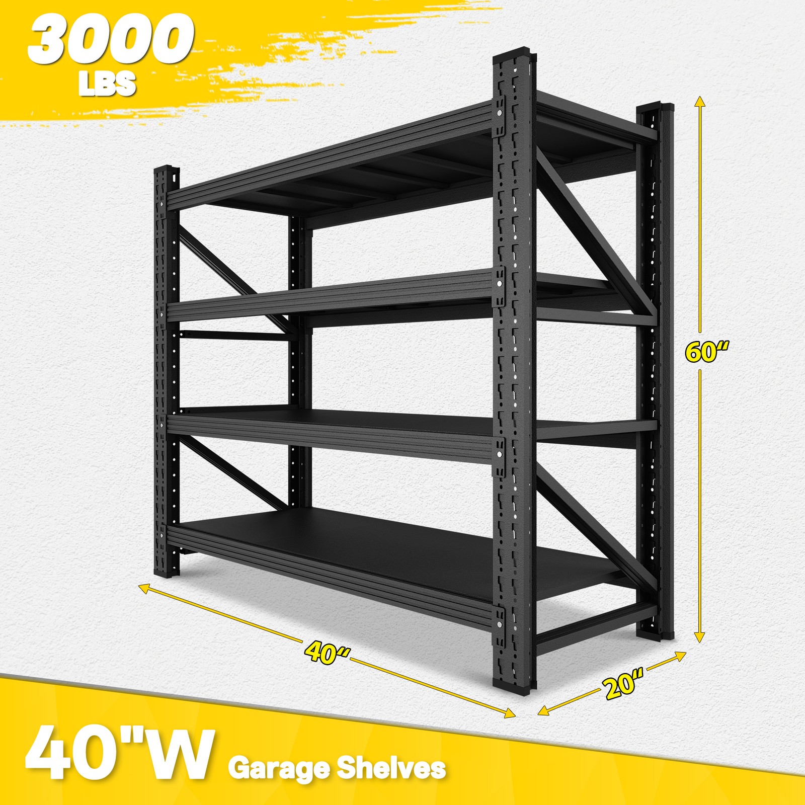 Industrial Garage Storage Shelves 40"W, Heavy Duty Adjustable Steel Rack