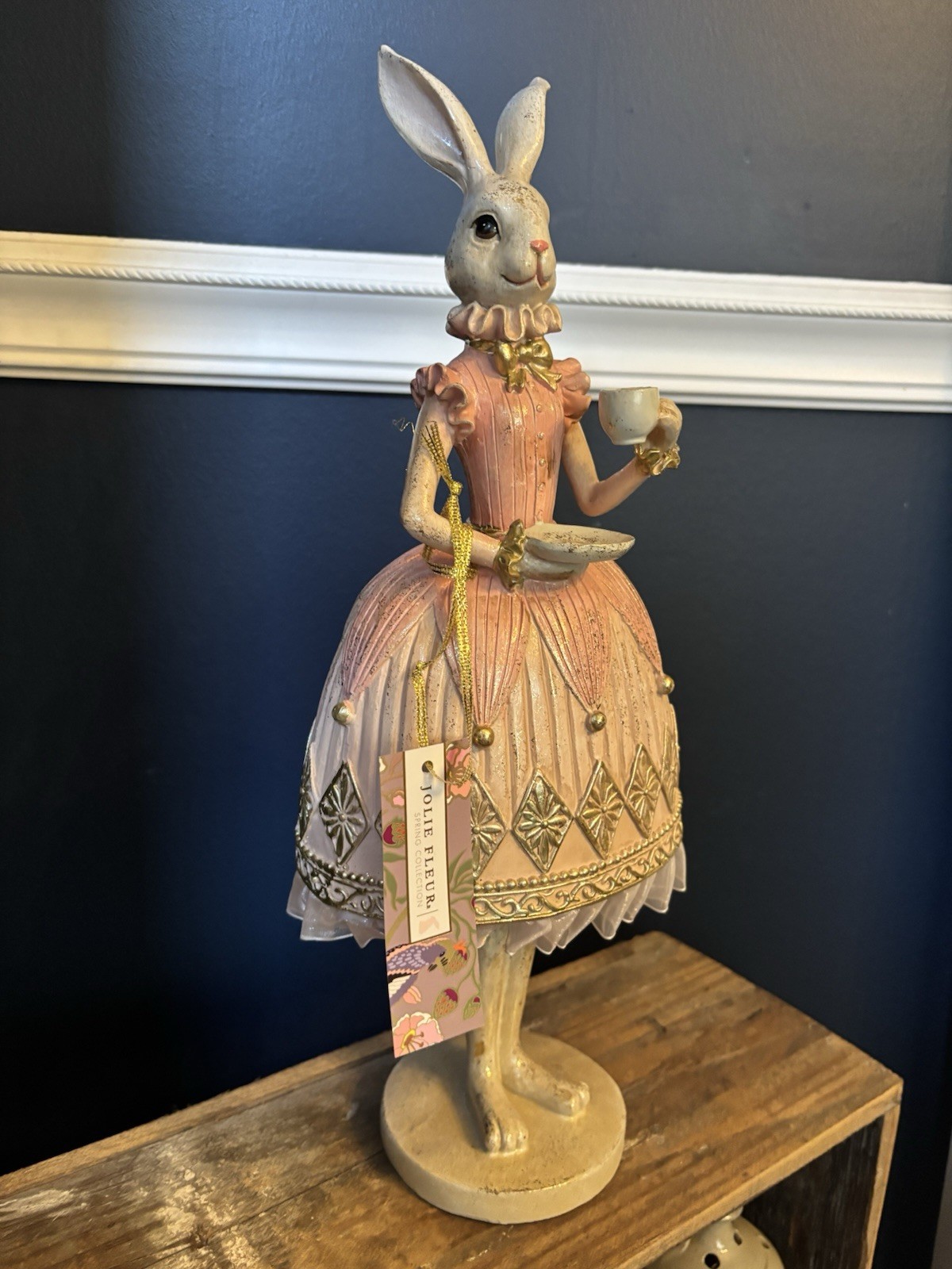 Jolie Fleur Easter Bunny Rabbit Figurine Pink Gold Dress Tea Party Decor NWT