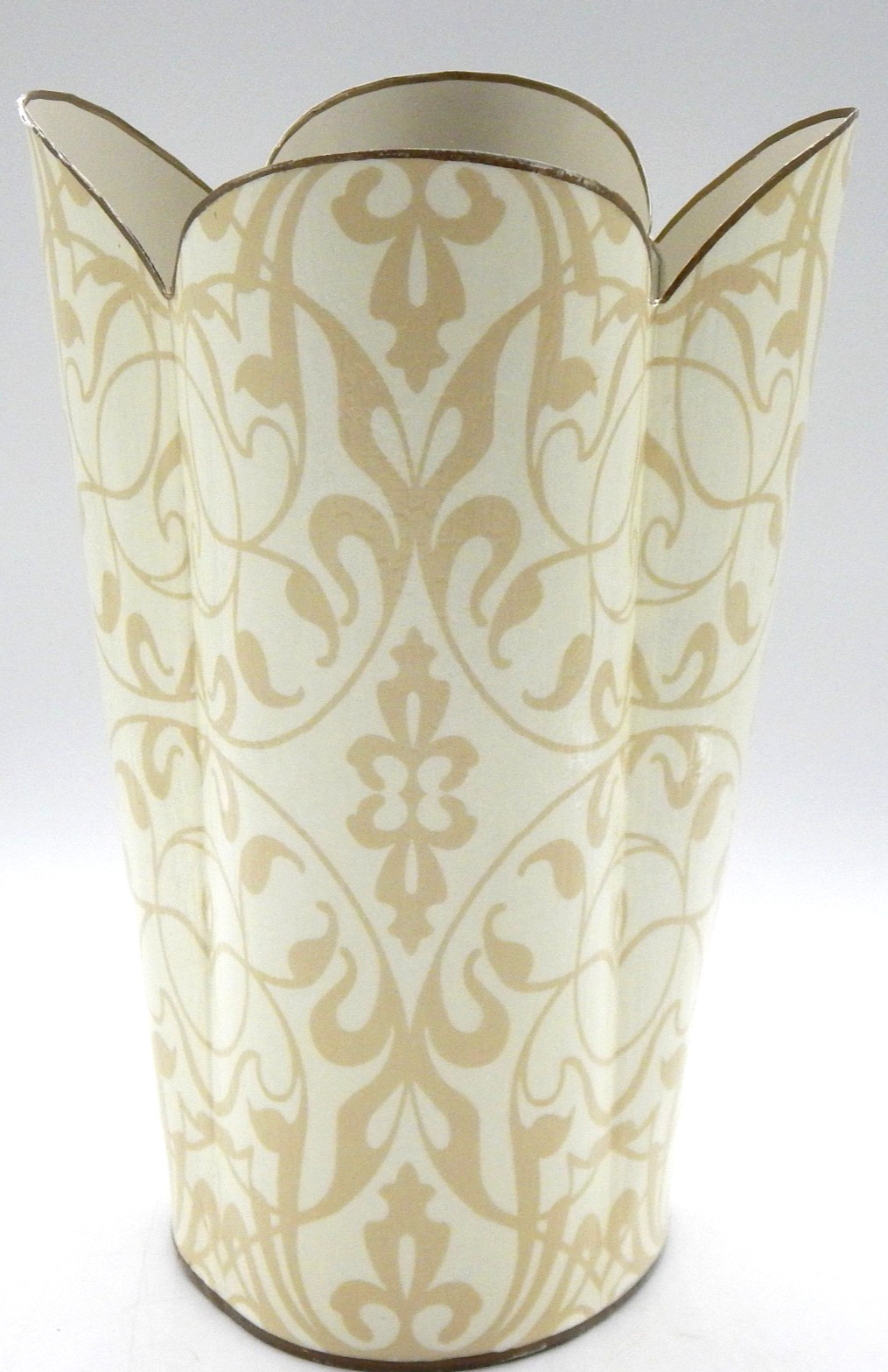 MARYE-KELLEY Decoupage Antique Gold Damask Scalloped 12"H Wastepaper Basket