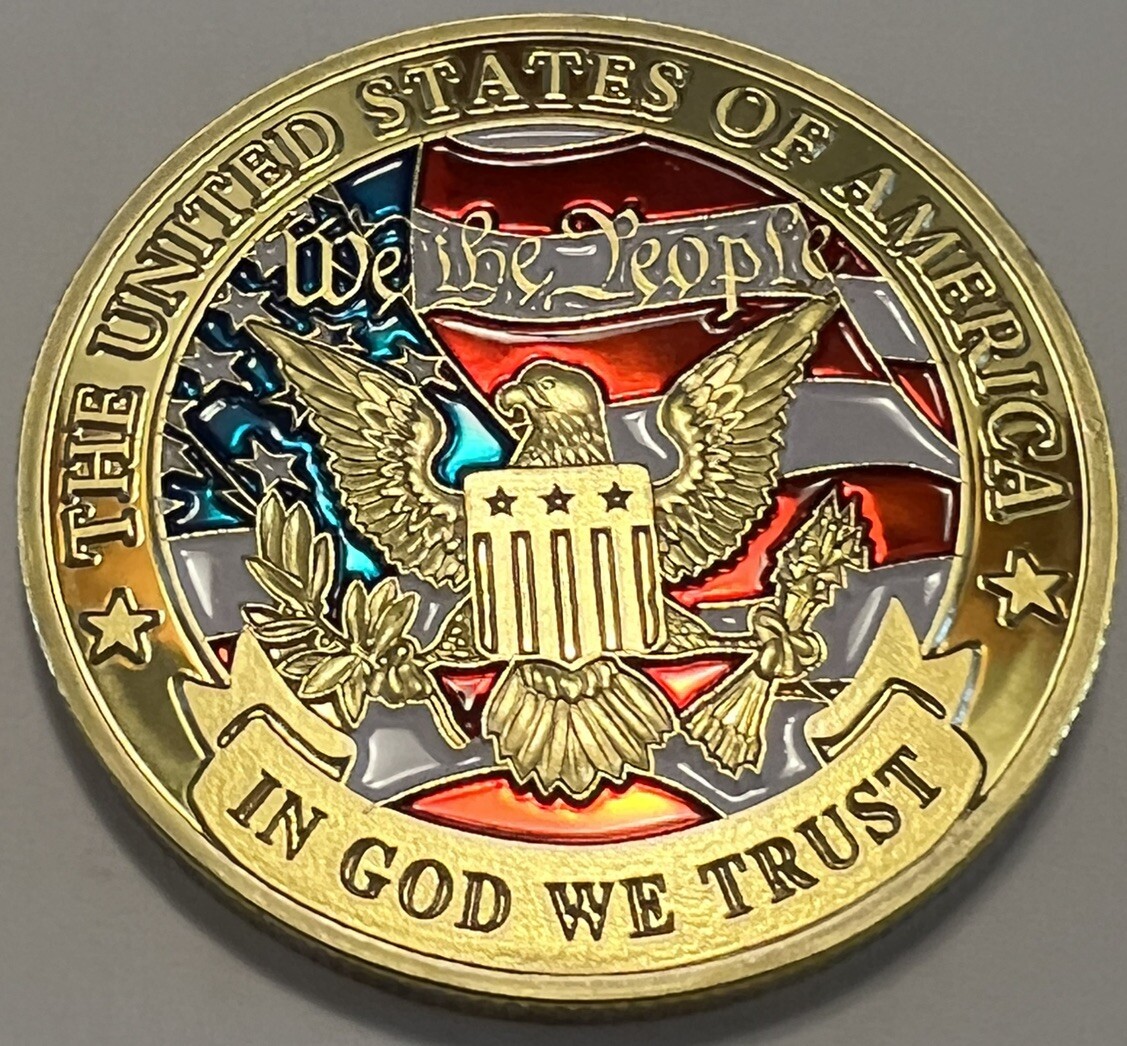 * Beautiful Pledge Of Allegiance With Golden Eagle And US Flag Challenge Coin