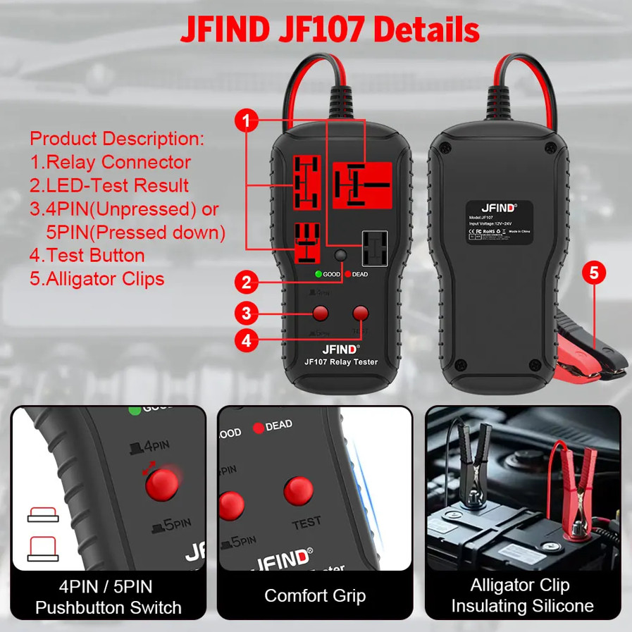 Probador de relé automotriz universal de 12 V y 24 V, comprobador de voltaje de