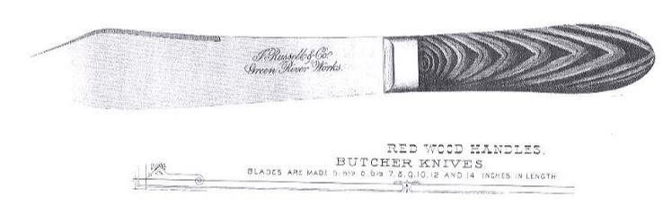 J. Russell Green River Works BUTCHER KNIFE & BRASS TACKED SHEATH