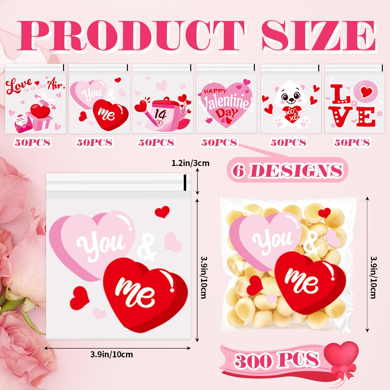 300pcs Valentine Cellophane Treat Bags Self-Adhesive Clear Plastic 6 Designs Set