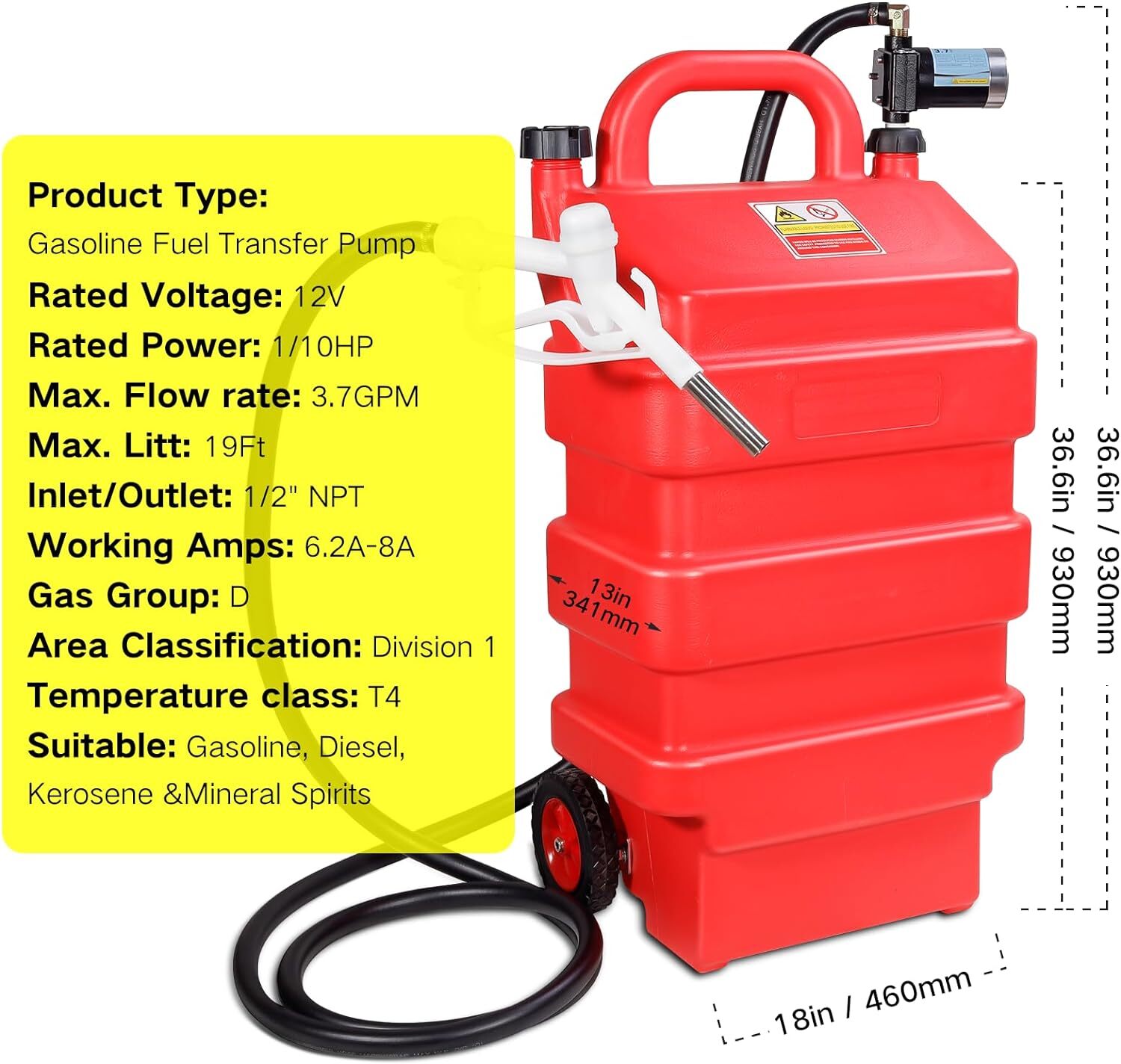 16 Gallon 60L Portable Fuel Tank With 12V Electric transfer pump 3.7GPM
