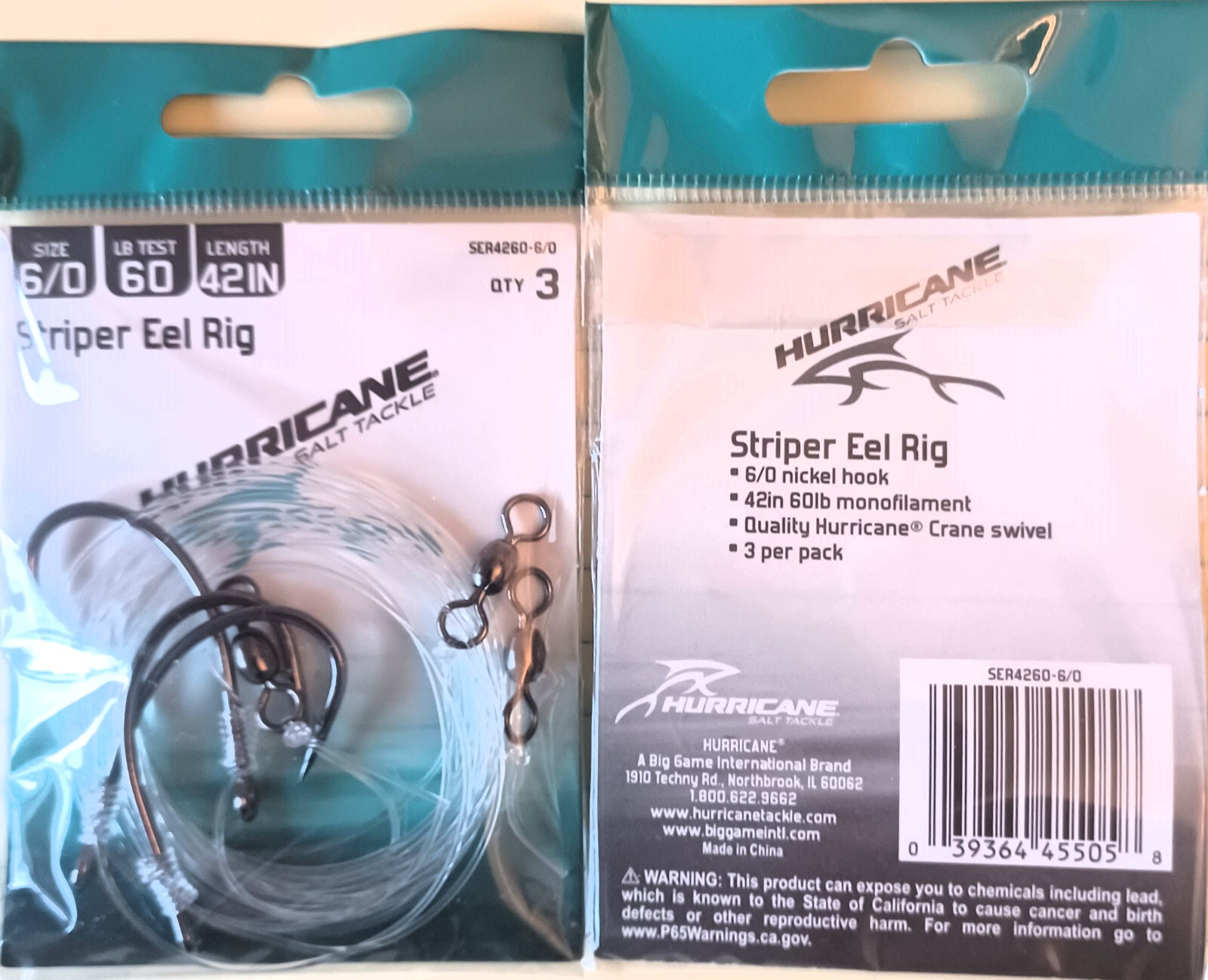 Five (5) Packs Hurricane Fishing Striper Eel Rig 60#, 6/0, 42",  SER4260-6/0