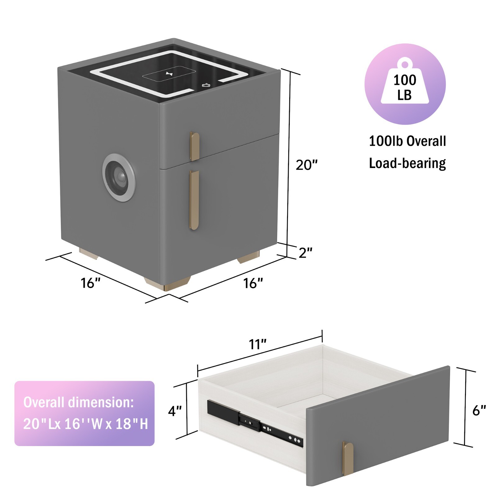 Dark Gray Double Drawer Smart Bedside Table with Safe + Wireless Charging