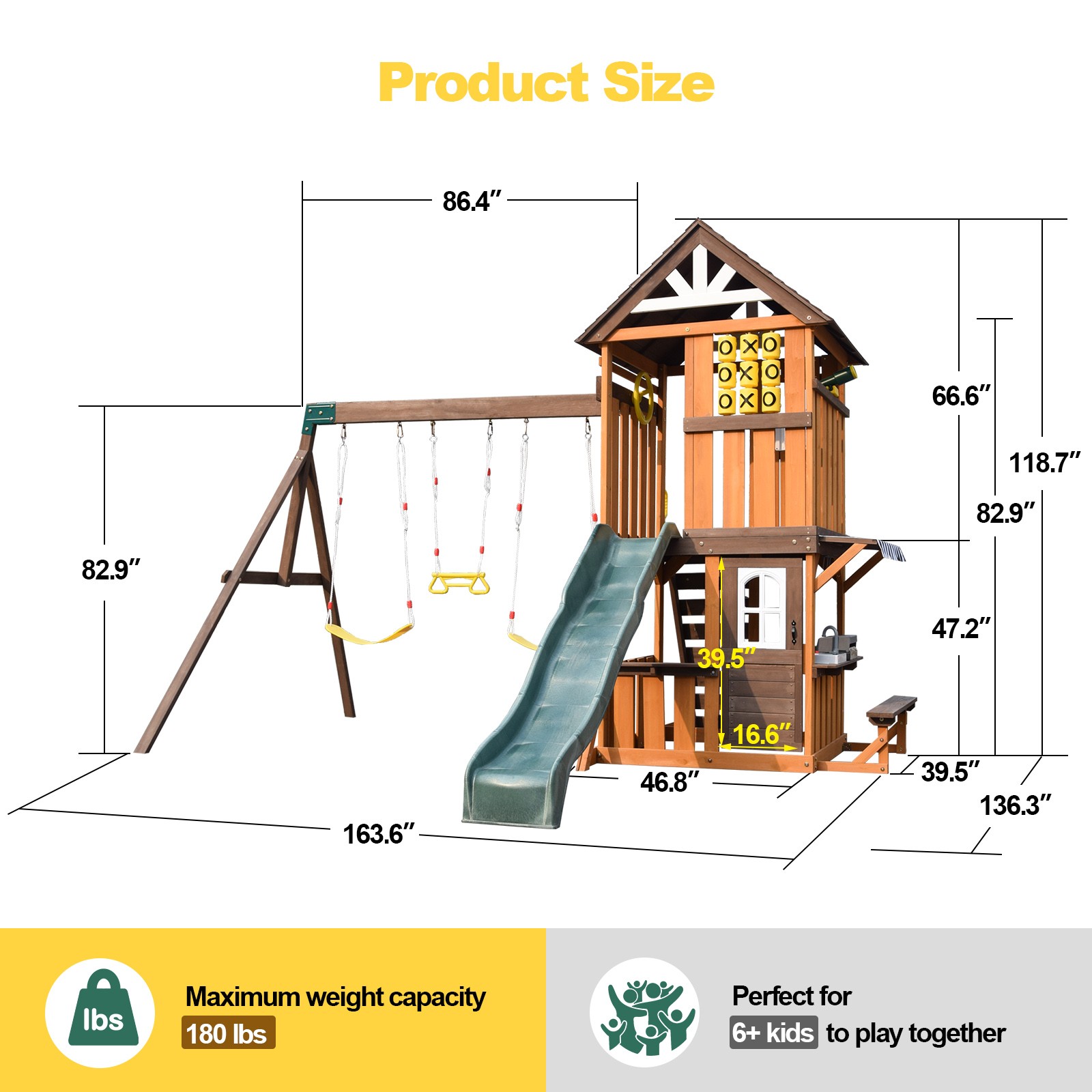 Large Wooden Kids Swing Slide Set Playhouse Kitchen,Rock Wall Outdoor Playground