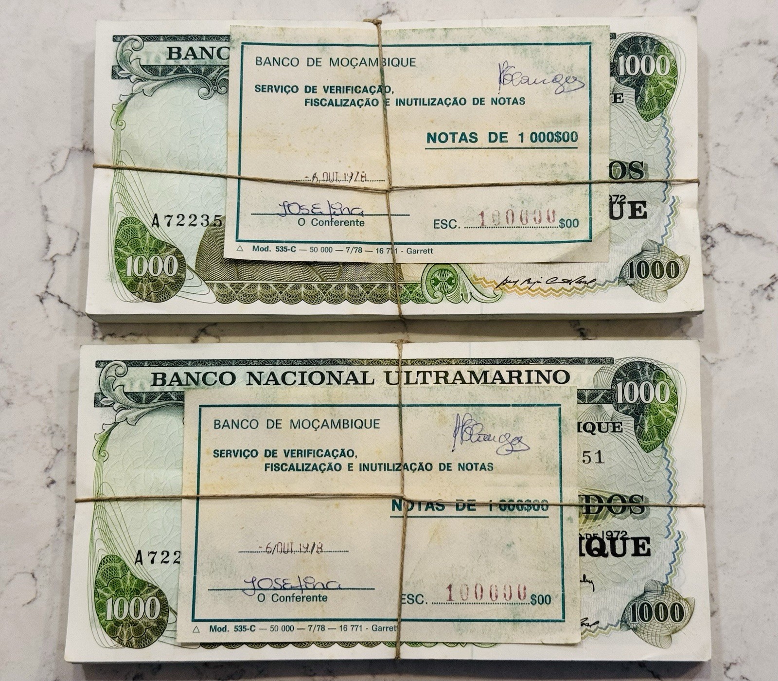 Aviation Large Mozambique Currency *UNC* sequential 1000 Escudos 1972 Banknote