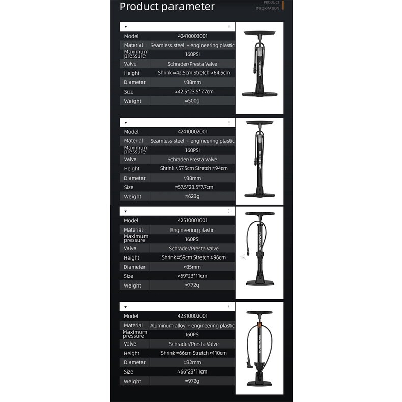 ROCKBROS Bike Pump High Pressure 160Psi Schrader Presta Valve Barometer Inflator