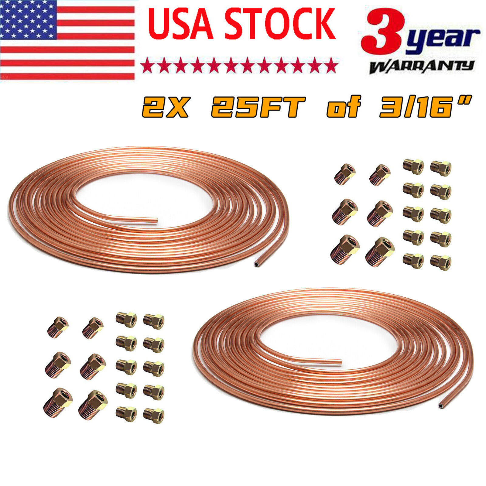 2x Copper Nickel Brake Line Tubing Kit 3/16 OD 25 FT Coil Roll All Size Fitting~