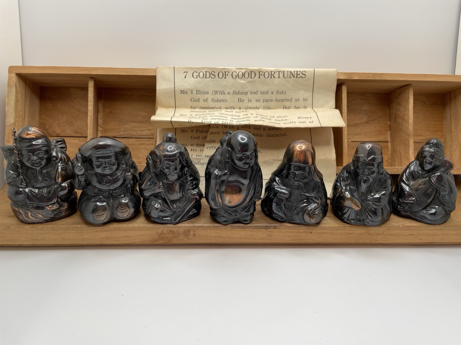 7 SEVEN IMMORTAL GODS Good Fortune Metal Numbered Figures Occupied JAPAN Box Vtg