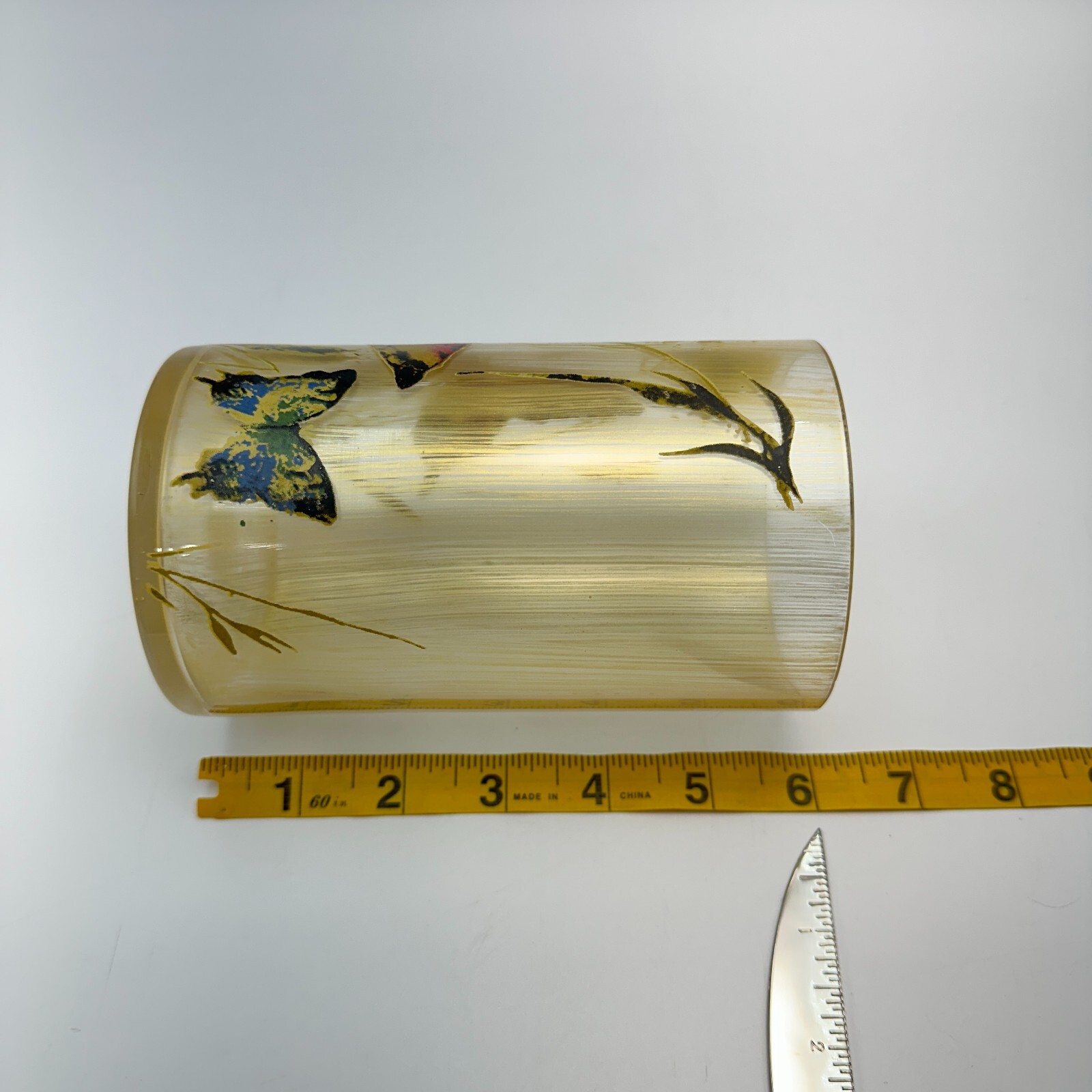 MCM Drinking Glasses Set Butterfly Floral Art Painted 6in Tall Vintage Decor