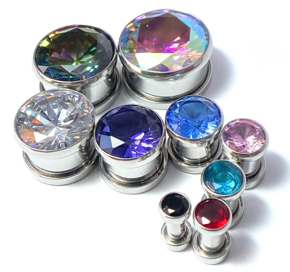 PAIR Large Gem Screw Fit Tunnels Plugs Gauges Earlets Piercing Body Jewelry