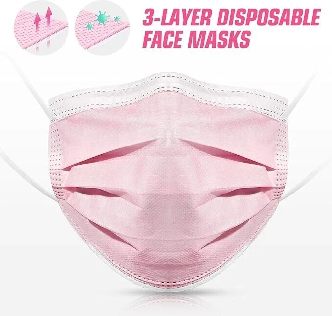 50/100 Pcs Pink Disposable Face Cover 3-Ply Filter Breathable Earloop Masks