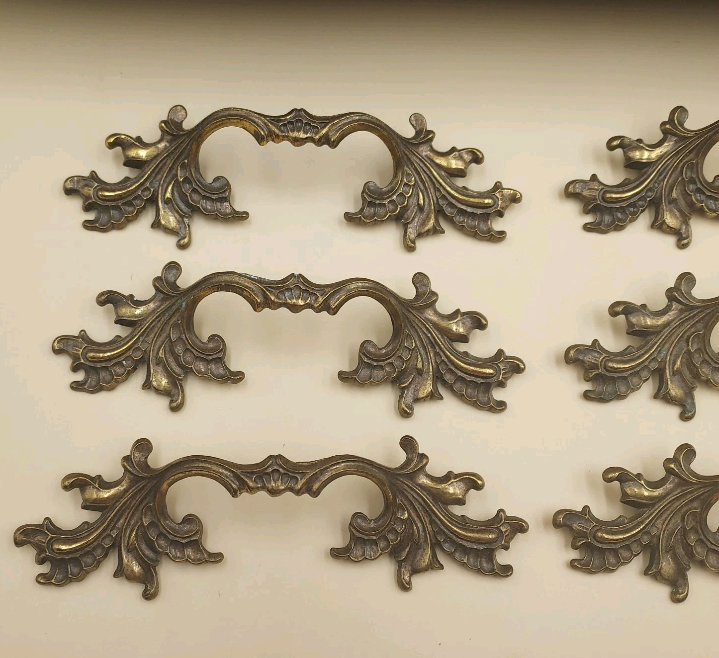 Set of 6 Vintage KEELER Brass French Provincial Drawer Pulls 3.5" Center Holes
