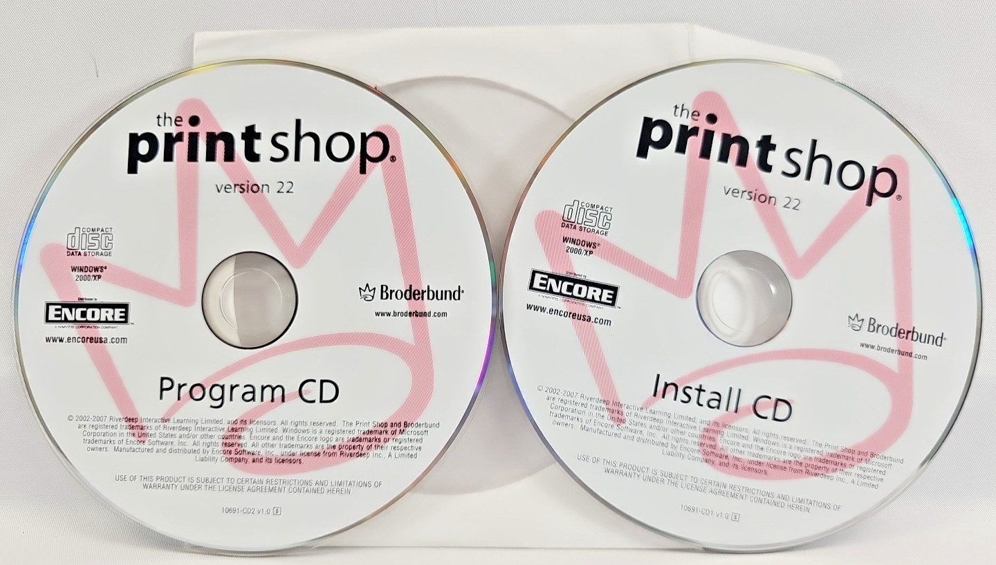 Broderbund Print Shop Version 22 2000/XP PC Software Two Discs No Box