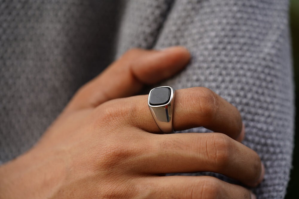 Cushion Black Onyx Ring in Silver or Gold Natural Gemstone Ring For Husband Mens