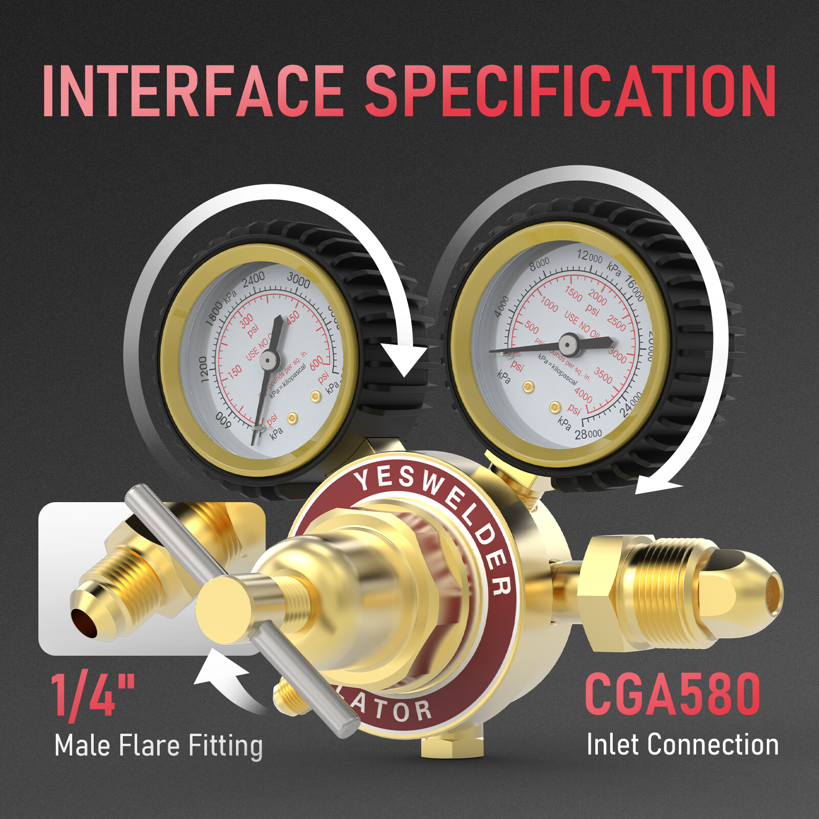 Nitrogen Regulator, 0-600 PSI, 0-4000PSI Output Pressure,CGA580 Inlet Connection