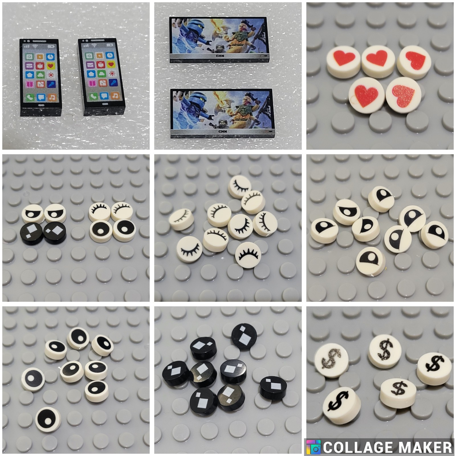 Printed Tiles Accessories - Minifigure Cellphone, TV, Eyes, $$ Signs and Heart