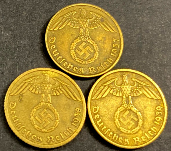 WWII German 5 Reichspfennig Coins 1937 1938 1939 Set – WWII Era Currency