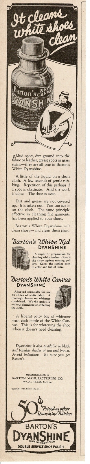 1923 BARTON'S Dynashine Shoe polish White Canvas Kid Vintage Print Ad