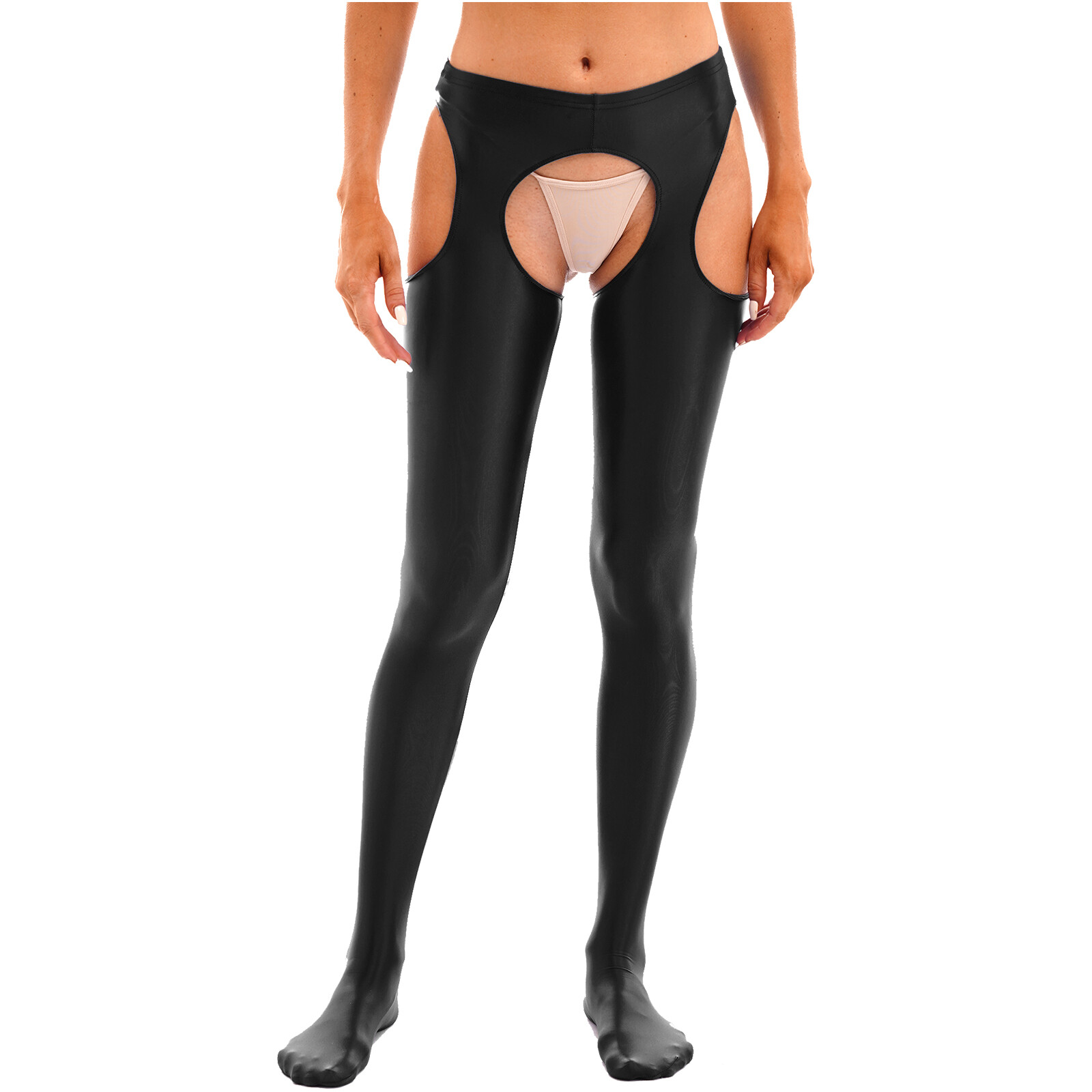 Women's Oil Shiny Hollow Out Pantyhose Stretchy Mid Waist Stockings Suspender