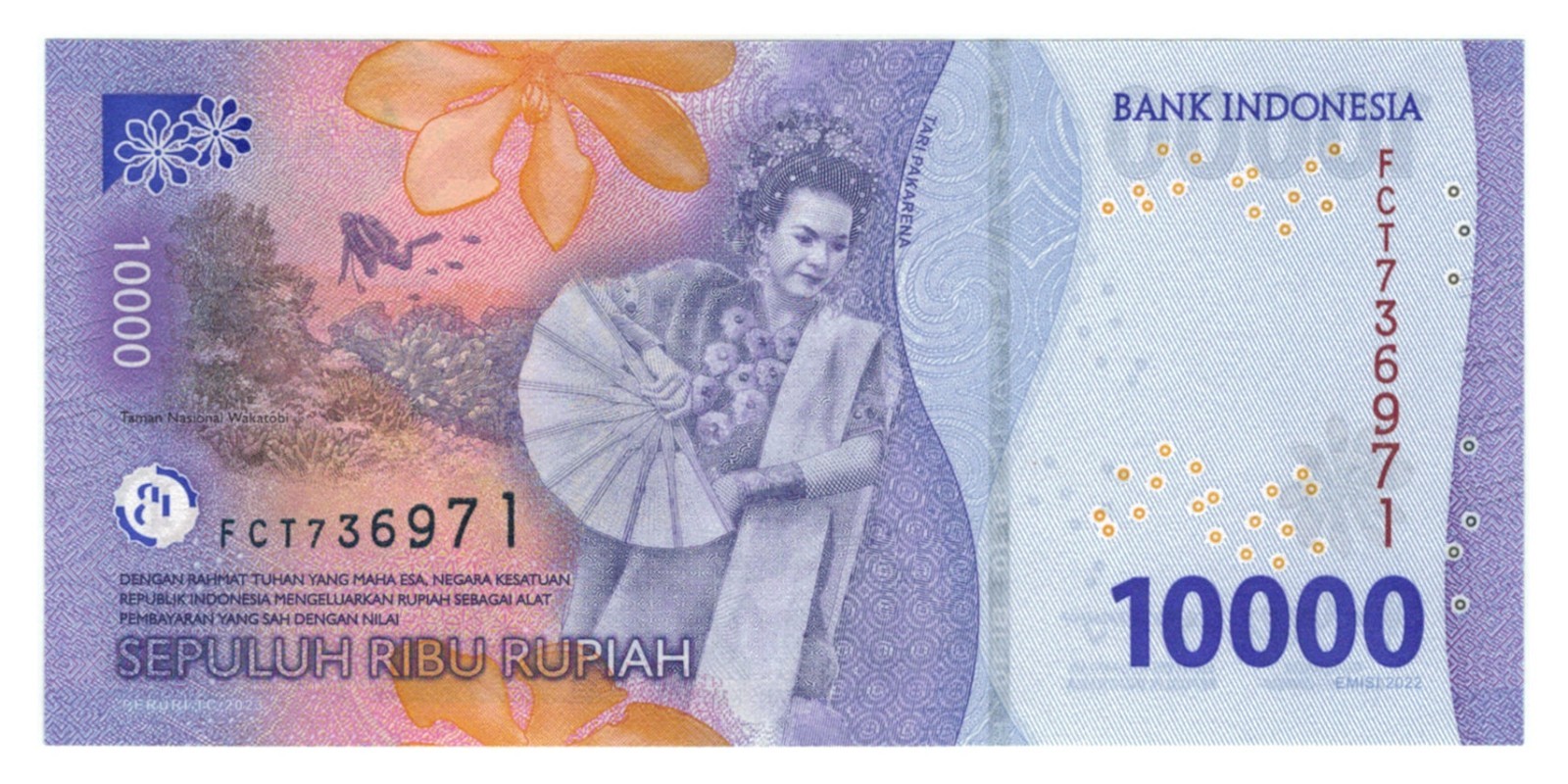 Indonesia 10000 Rupiah (2023) - Hero/Traditional Dancer/p-165b, B620b UNC