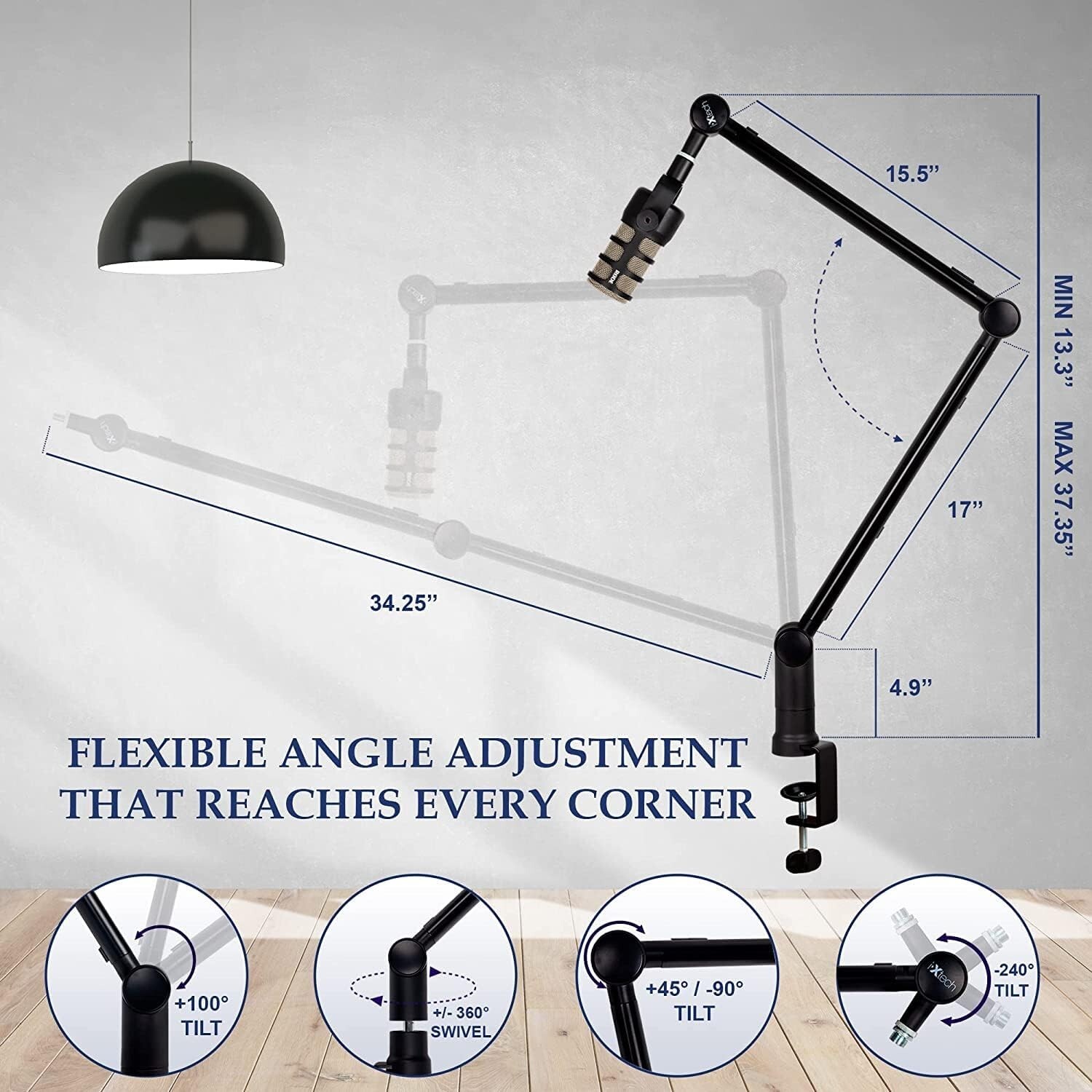 IXTECH Boom Arm-Adjustable 360° Rotatable Microphone Arm-Sturdy Stainless Steel