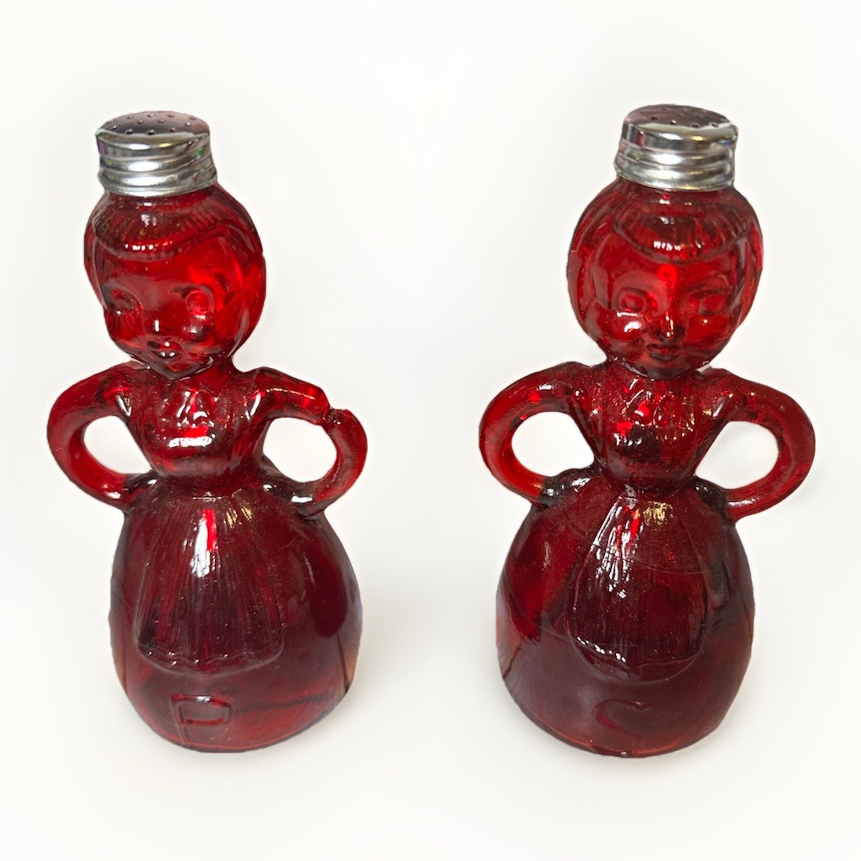 Vintage Ruby Red Glass Merry Maid Salt Pepper Shakers Set Taiwan Figural