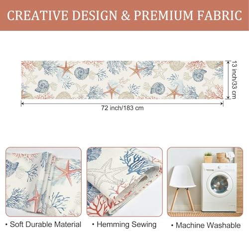 Nautical Coastal Table Runner 13x72 Inch Ocean Themed Coral 13"W x 72"L