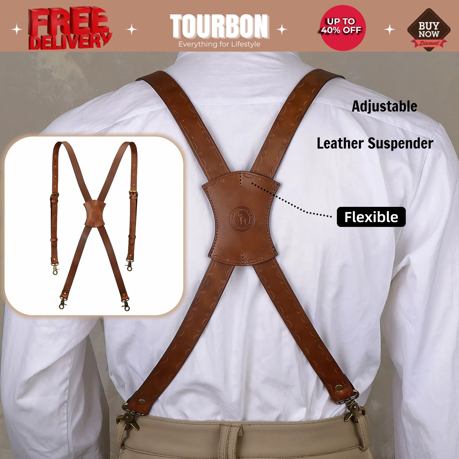 Tourbon Leather Men's Suspenders X Back Adjustable X-Shaped Hooks Pants Braces