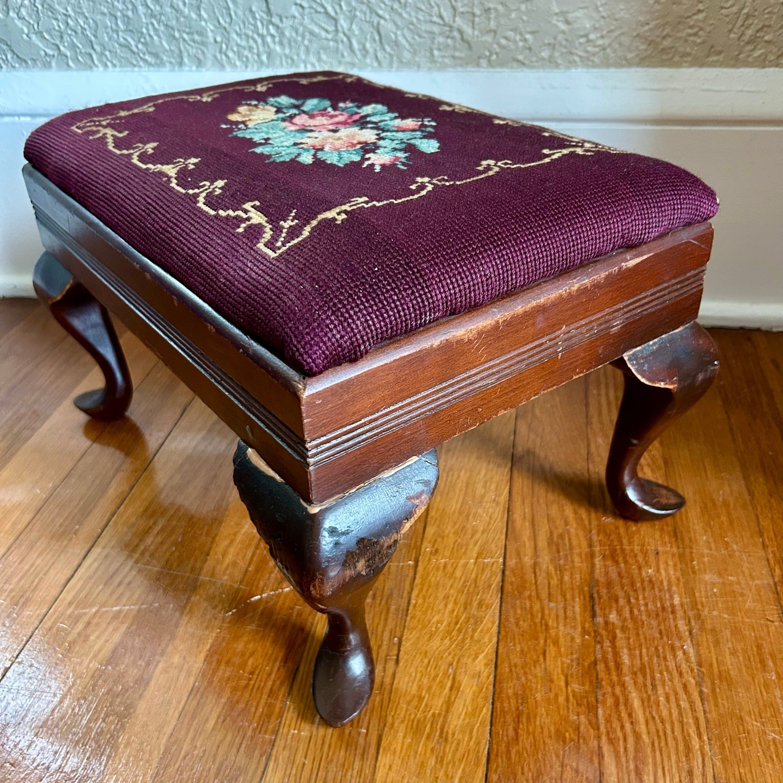 Antique Needlepoint Footstool with Queen Anne Style Legs
