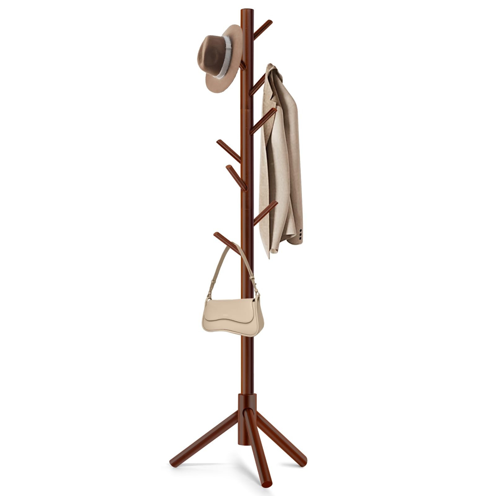 Freestanding Coat Rack 8 Hooks Adjustable Tree Stand for Hats Coats Scarves