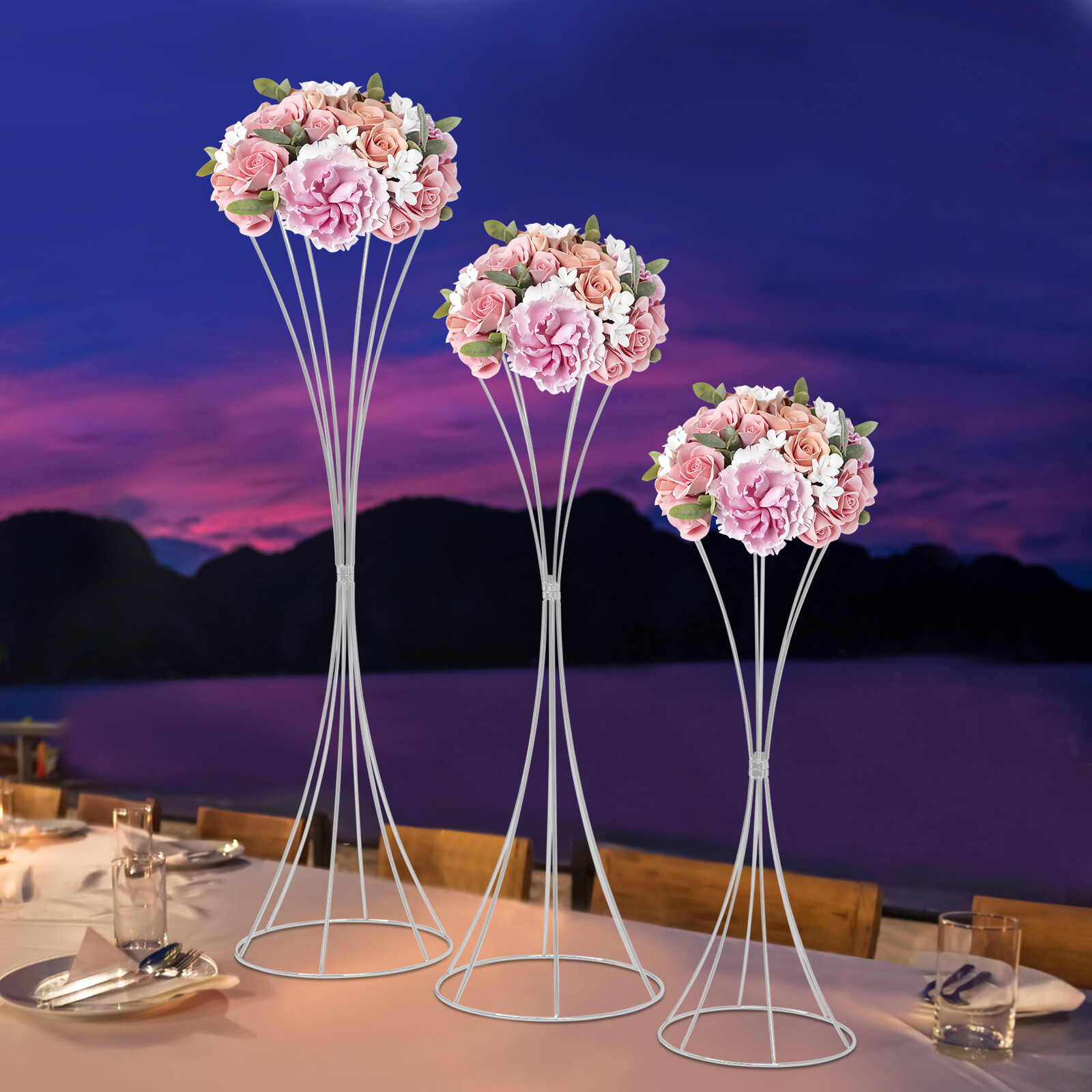 3pcs Modern Flower Stands Hourglass Shape Flower Stand Iron For Party Silver New
