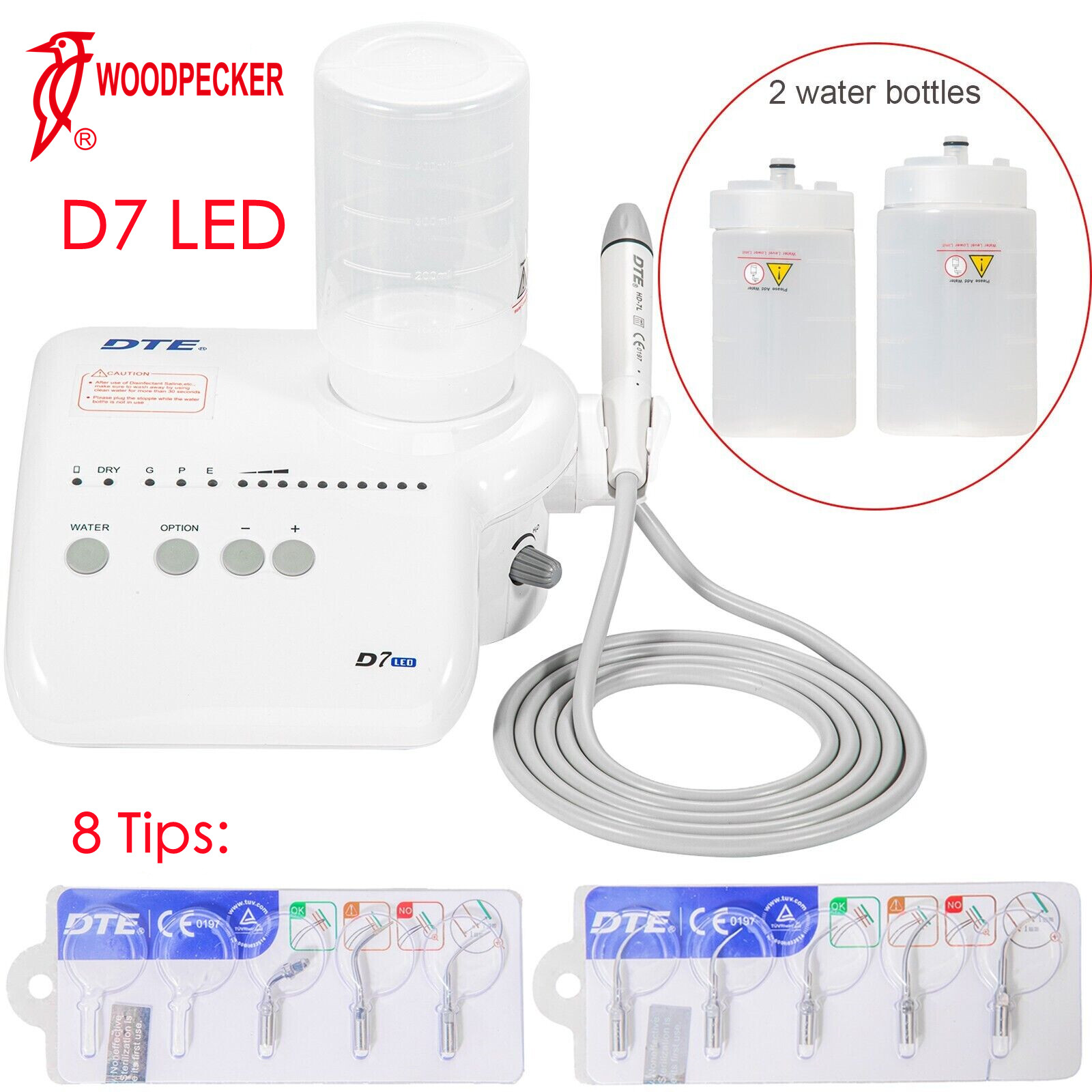 Woodpecker DTE D7 LED Dental Ultrasonic Piezo Scaler HD-7L Handpiece with 8 Tips